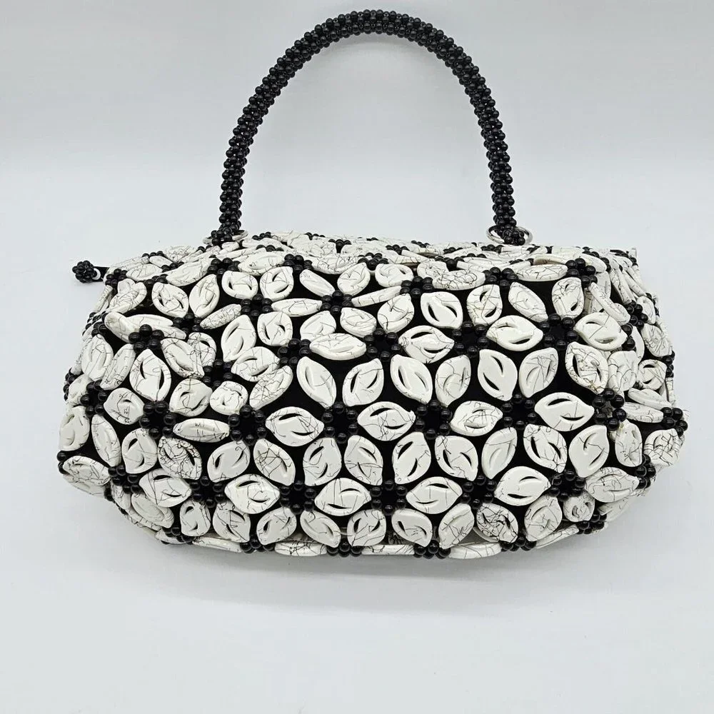 Vintage Glass Beaded Medium Black Pearl White Floral Shoulder Bag Coin Purse Set